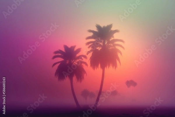 Fototapeta Mystical Twilight: Fog-Enshrouded Palms at Dusk. Ai generative