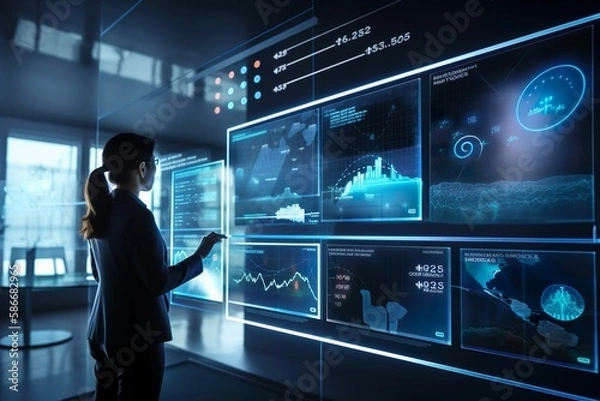 Fototapeta Data visualization reimagined: advisor utilizing KPI dashboard and AI on wall-sized virtual screen with business data analytics graph in futuristic office as staff looks on. artificial intelligence.