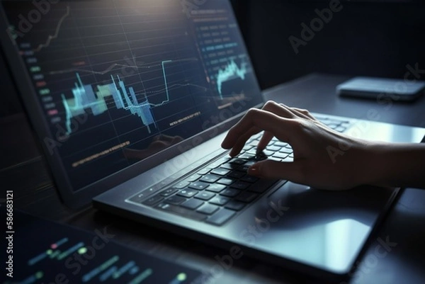 Fototapeta Business finance data analytics reimagined: advisor utilizing AI technology with KPI dashboard for data-driven decision making. Close-up of hand, typing keyboard, AI