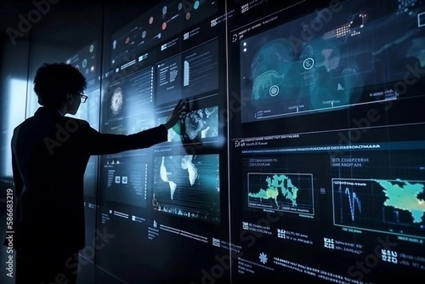 Fototapeta Data visualization reimagined: advisor utilizing KPI dashboard and AI on wall-sized virtual screen with business data analytics graph in futuristic office as staff looks on. artificial intelligence.