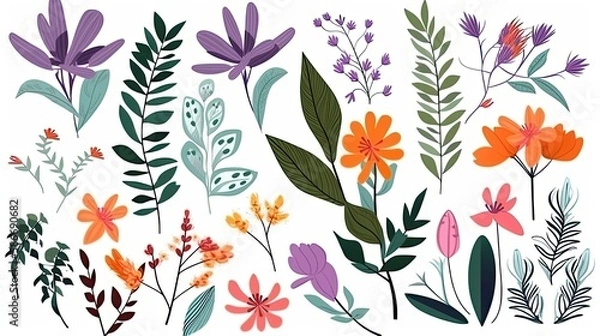 Fototapeta A collection of colorful spring flowers with floral branches, leaves, and foliage. Isolated on a white background. Generative AI