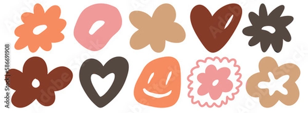 Fototapeta Hand drawn doodle abstract aesthetic shapes symbols flowers hearts smiley face illustration vector set banner wallpaper background pattern design neutral brown beige pink colour transparent background