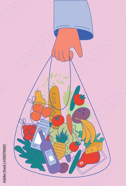 Fototapeta Hand holding healthy food bag. Shopping food. String bag with groceries. Zero waste products for shopping vector concept. Knitted shopping bag full of products, bread, vegetables. Eco style.