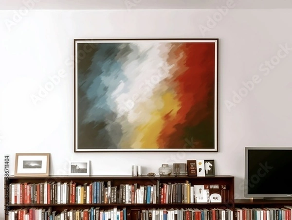 Fototapeta Office background with modern art and book shelf. Ideal for remote video-meeting background (Webex, Zoom, Microsoft Teams, etc...)