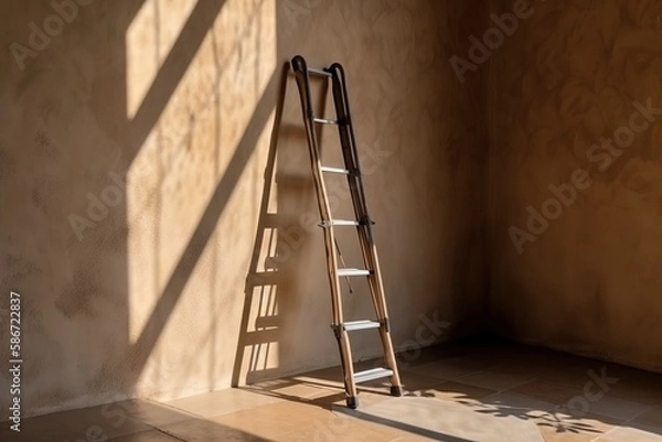 Obraz  a ladder leaning against a wall in a room with a light coming through the window and casting a shadow on the wall and a rug on the floor.  generative ai