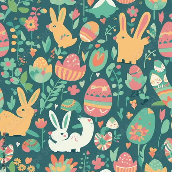 Fototapeta Happy Easter Seamless Patern, Eggs, Rabbit Pattern Illustration