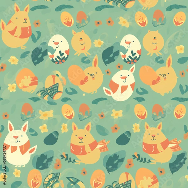 Fototapeta Happy Easter Seamless Patern, Eggs, Rabbit Pattern Illustration
