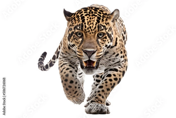 Obraz an isolated jaguar front-view, whole body, stalking prey, horizontal, fierce jungle-themed photorealistic illustration on a transparent background in PNG. Panthera onca. Generative AI