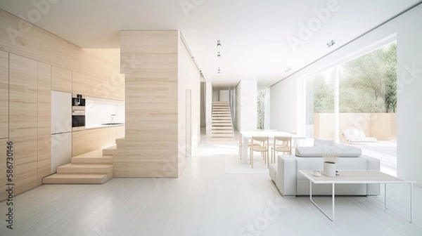 Fototapeta Living room made of light wooden for the cozy home, interior. Generative AI Technology 