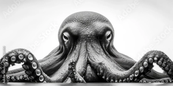 Obraz Black and white close up portrait of an octopus facing the camera, light background, Generative AI