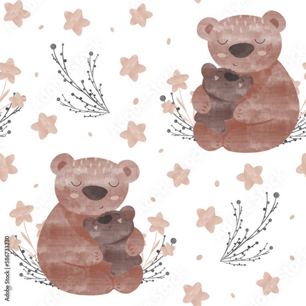Obraz seamless pattern with teddy bears branches and stars, mom and baby