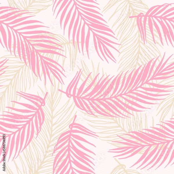 Fototapeta Repeat jungle palm leaves vector pattern. Floral design over waves texture