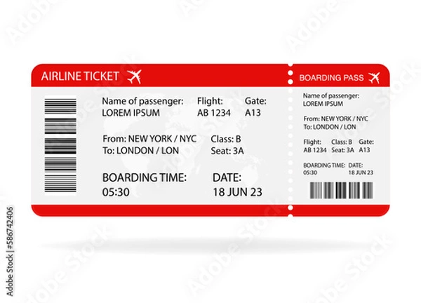 Obraz Red and white Airplane ticket design. Realistic illustration of airplane boarding pass with passenger name and destination. Concept of travel, journey or business trip. Isolated on white background.