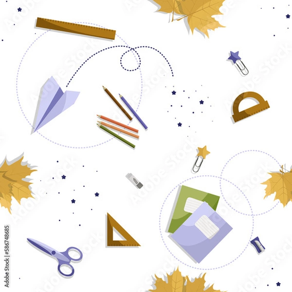 Fototapeta school theme seamless background, school doodles seamless pattern, school elements seamless pattern, notepad writing, learning, lessons, study time, school tools set, education icon set