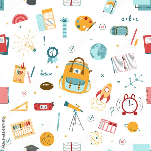 Fototapeta school theme seamless background, school doodles seamless pattern, school elements seamless pattern, notepad writing, learning, lessons, study time, school tools set, education icon set