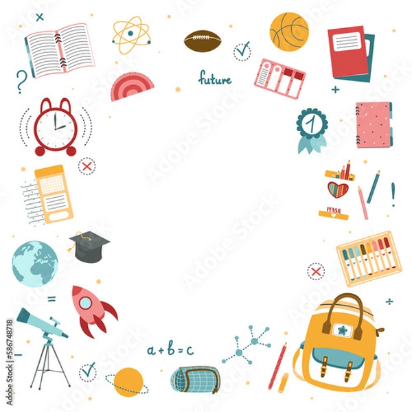 Fototapeta Background for school, school theme, school doodles, inscription in a notebook, training, lessons, time for training, Set of school tools, set of education icons, back to school