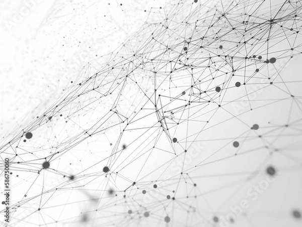 Obraz Abstract connected dots and lines. AI technology, Motion of digital data flow. Communication and technology network concept with moving lines and dots. 3D rendering. White background. Black and white
