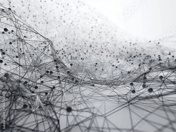 Obraz Abstract connected dots and lines. AI technology, Motion of digital data flow. Communication and technology network concept with moving lines and dots. 3D rendering. White background. Black and white