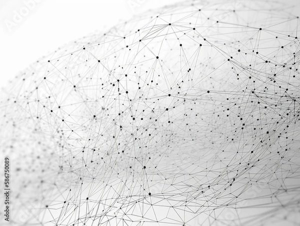 Obraz Abstract connected dots and lines. AI technology, Motion of digital data flow. Communication and technology network concept with moving lines and dots. 3D rendering. White background. Black and white