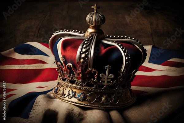 Obraz king charles, england king, British flag and crown, illustration of Crown Jewels of the United Kingdom. Ceremony of crowning the king Charles III. generative ai