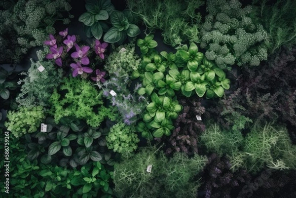 Fototapeta Cassettes for seedling aromatic herbs savory, rosemary and mint in a greenhouse under additional lighting Generative AI