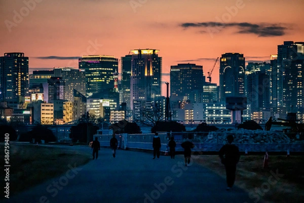 Fototapeta 淀川河川公園から見る梅田のビル群