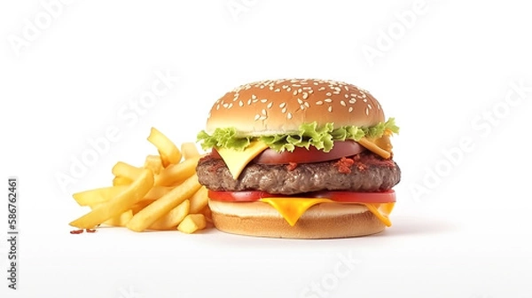Fototapeta Hamburger and french fries isolated on white. Generative AI