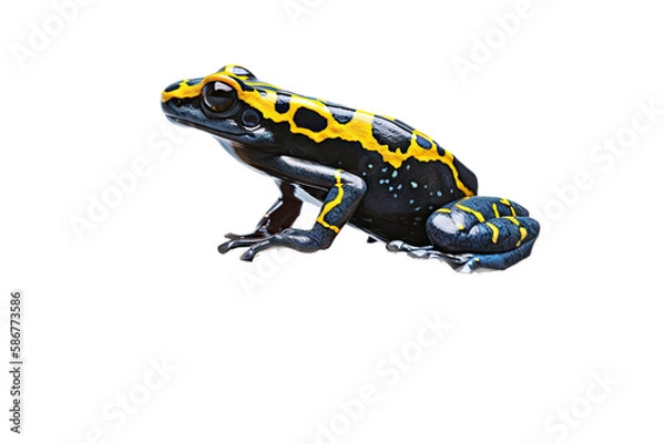 Obraz an isolated yellow and black, and red colored poison dart frog on flowers and leaves, jungle-themed photographic illustration on a transparent background in PNG. generative ai