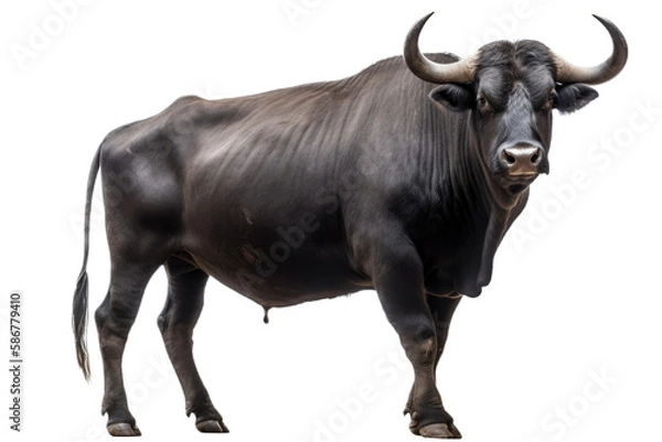 Fototapeta an isolated black cow bull side portrait, farm-themed, rodeo-themed photorealistic illustration on a transparent background cutout in PNG, generative ai