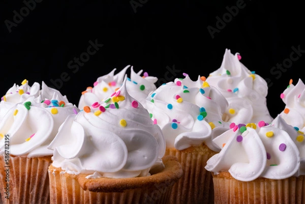 Obraz Fluffy vanilla cupcakes, with meringue and dragees on a black background.