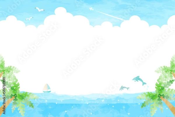 Fototapeta 可愛いイルカと海とヤシの木の風景イラスト