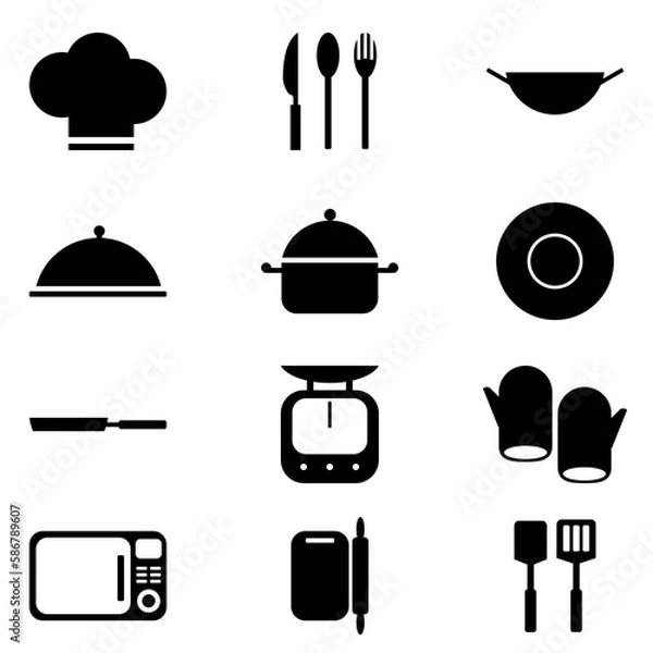 Fototapeta Cooking icon set. contains a chef's hat, oven, measuring tool, plate, knife, chef's gloves, pots, pans and kitchen utensils. flour grinder, cutlery and more, vector illustration