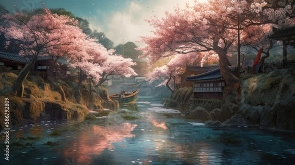 Fototapeta 桜並木の風景　壁紙　イメージイラスト　generative AI