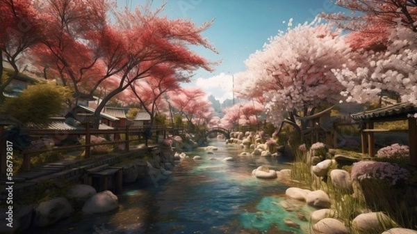 Fototapeta 桜並木の風景　壁紙　イメージイラスト　generative AI