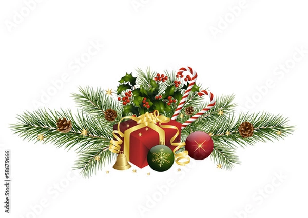 Obraz Zuckerstangen, Weihnachtskugeln und Tannenzweige