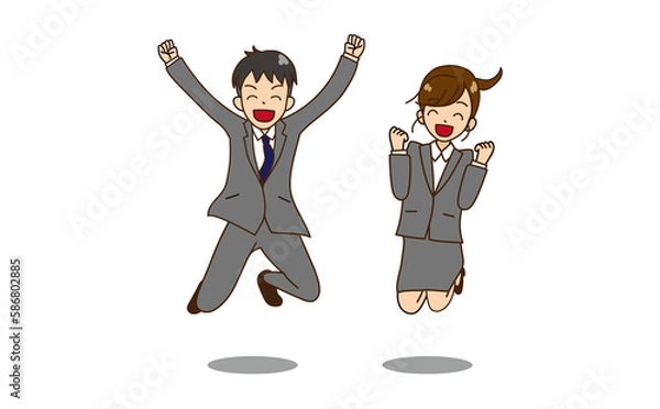 Fototapeta ジャンプするスーツの男女　ガッツポーズ　笑顔2