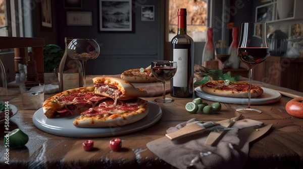 Obraz Dining Table Pizza And Wine