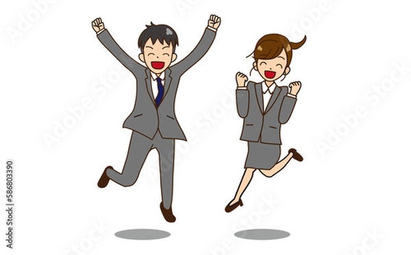 Fototapeta 片足ジャンプするスーツの男女　ガッツポーズ　笑顔4