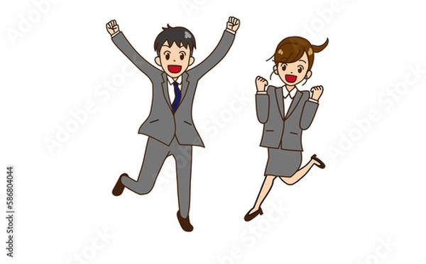 Fototapeta ジャンプするスーツの男女　ガッツポーズ７