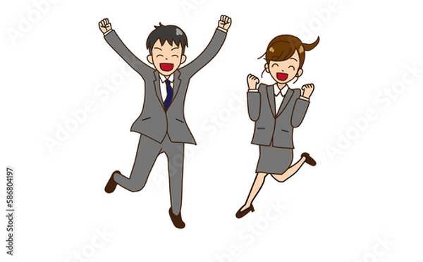 Fototapeta ジャンプするスーツの男女　ガッツポーズ　笑顔8