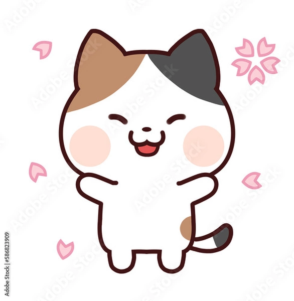 Obraz 桜に喜ぶ三毛猫