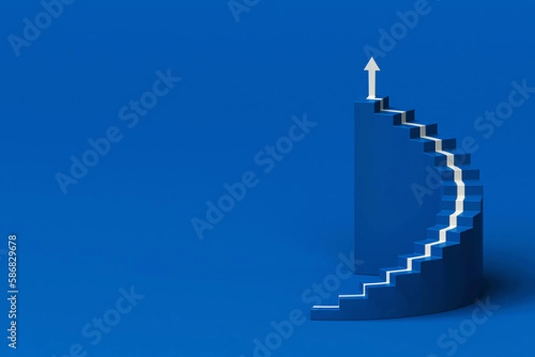 Fototapeta White arrow following the spiral staircase of growth on blue background, 3D arrow climbing up over spiral staircase, 3d stairs with arrow going upward, 3d rendering