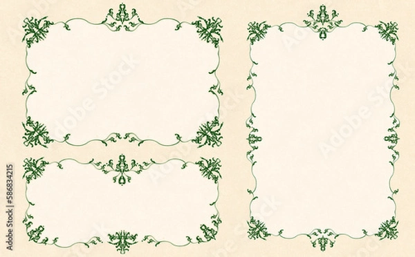 Obraz ビンテージで豪華なグリーンの唐草模様フレームセット サンドベージュ背景 イラスト素材 色違い・差分有