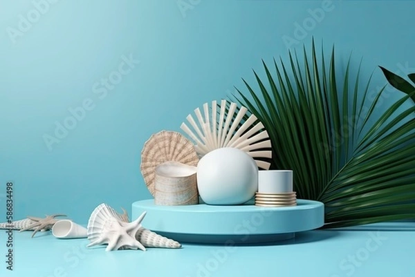 Fototapeta blue table decorated with sea shells and a palm leaf. Generative AI