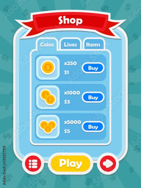 Fototapeta Menu of game graphic user interface on screen of 2d mobile game application in flat cartoon style with simple theme