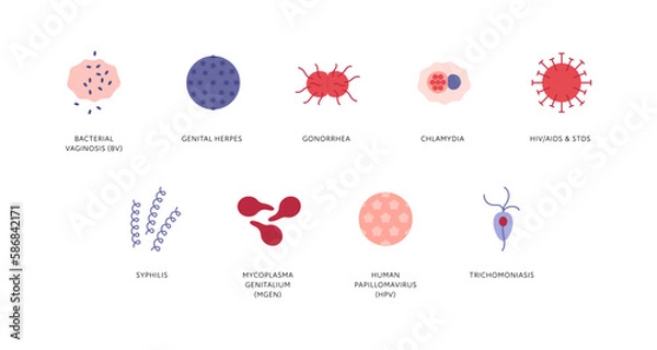 Obraz Sexual transmitted disease infographic. Vector flat healthcare illustration color icon set. STD infection type. HIV, HPV, chlamidia, gonorrhea, herpes, mycoplasma, syphilis symbol.