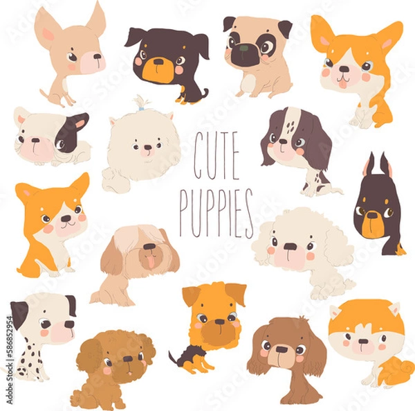 Fototapeta Vector Cartoon Set with Funny Puppies on White Background