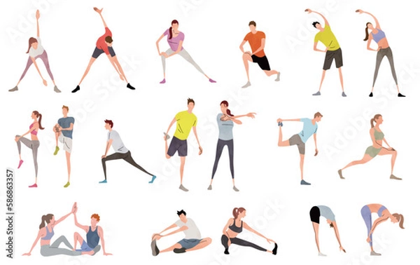 Fototapeta ベクターイラスト素材：ストレッチをする男性と女性のセット
