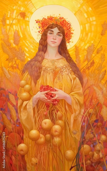 Obraz Spirit of Lammas, a woman with a her hands overflowing with fruit representing Lughnasadh. Generative AI