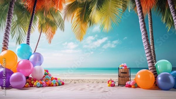 Fototapeta Tropical setting with balloons and beach and ocean background